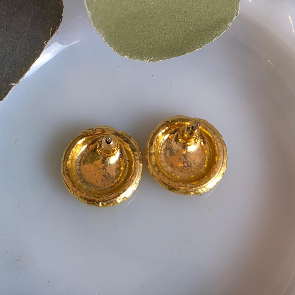 Vintage Enamel Stud Earring Set Marbled Square & Basketweave Round Gold Tone - Picture 5 of 5